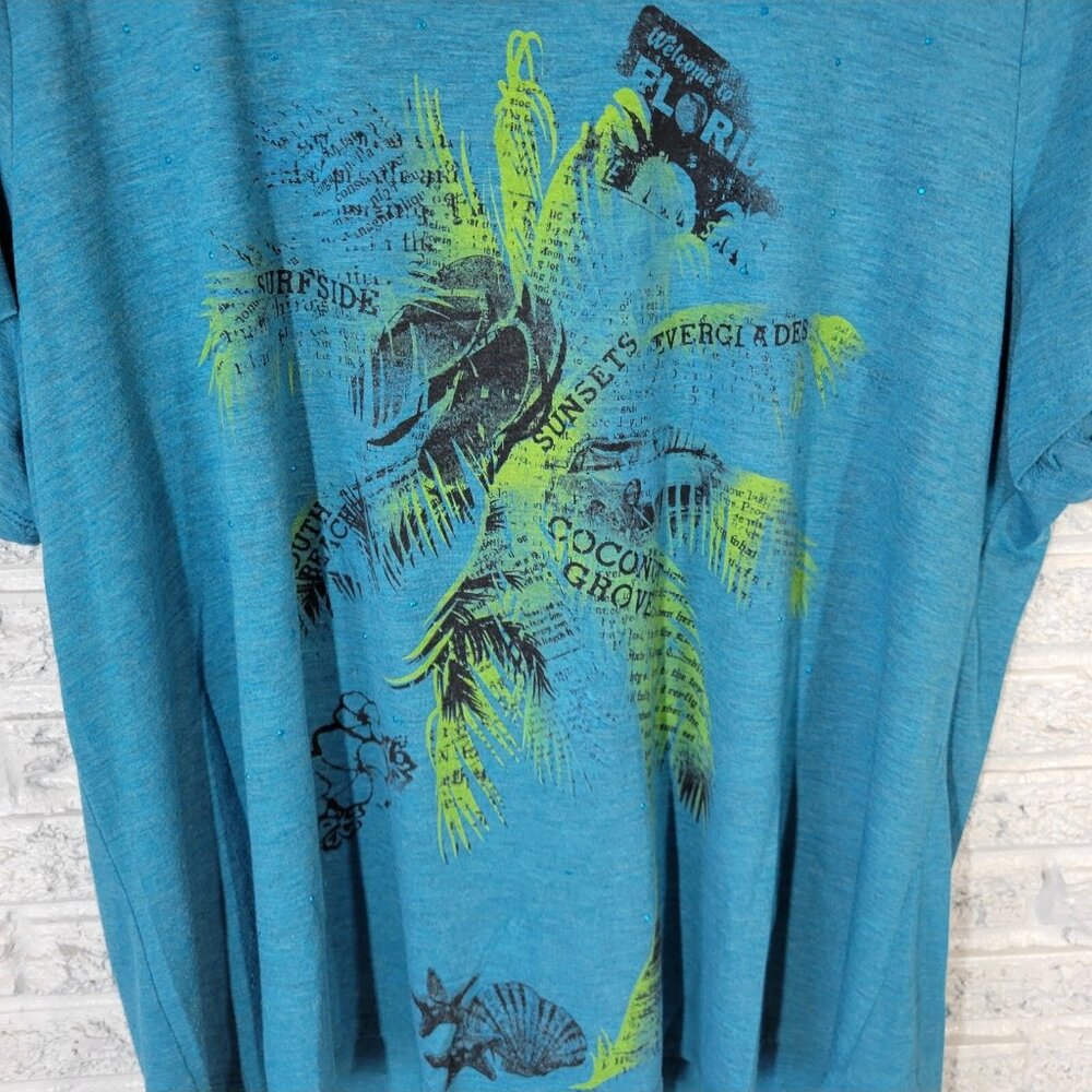 Catherines Womens Top 1X Plus Tee Blue Tropical Poly Blend Split FLO189E - Picture 3 of 5
